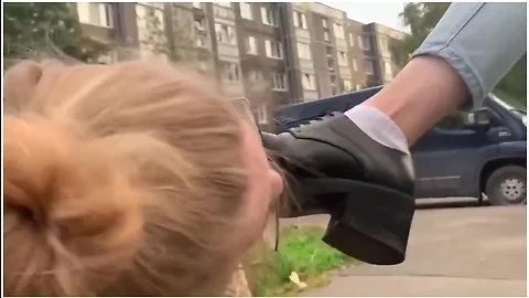 Blonde Lezdom Gets Her Feet In Stinky Socks Worshiped By A Female Slav