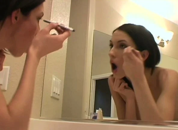 Skinny brunette Sophie puts on makeup and gets dressed showing her body