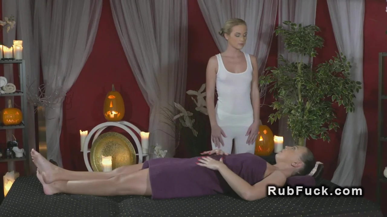 Lesbian brunette helps masseuse cums