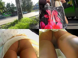 Thong upskirt shot of skinny buttocks of a slim babe