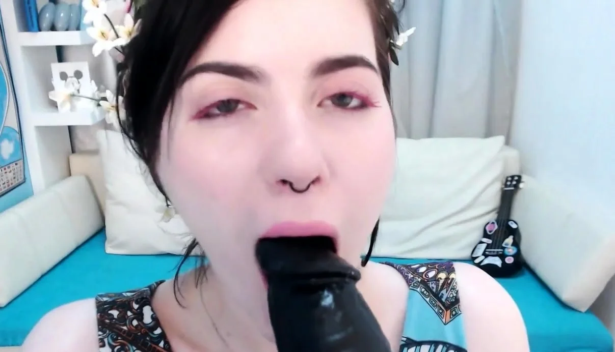 Teen angel loves to gag on the big black dildo