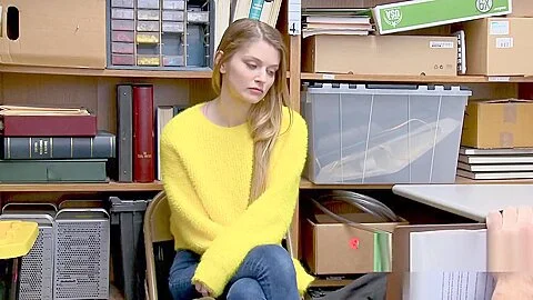 Hot blonde sweater thief is caught and subdued into taking officers cock