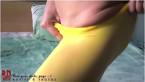 A Bitch In Yellow Pantyhose Touches Her Pussy, Teases, Taking Off Her Stockings. 2