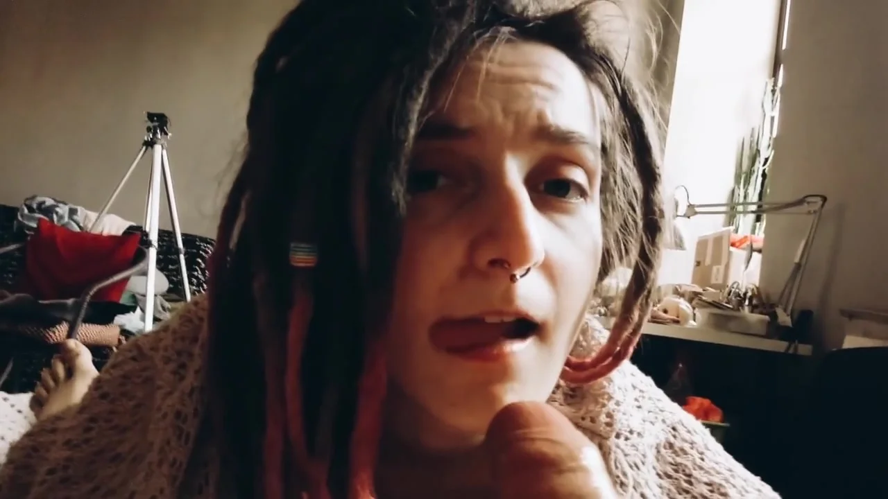 Cute girl make passion blowjob lick balls suck cock and take cum in mouth.