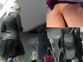Upskirt nylon pantyhose scene with sexy blonde