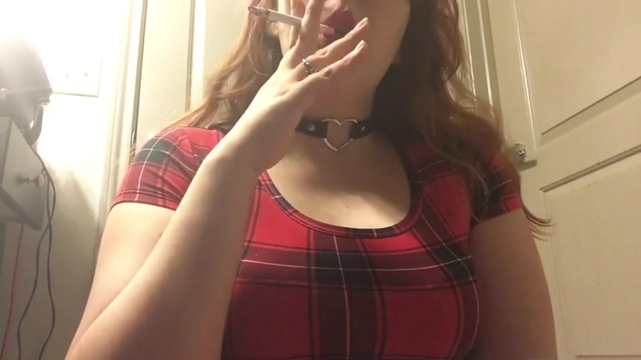 Sexy Redhead Goth teen 18+ Smoking in Red Plaid Tight Dress and Leather Choker