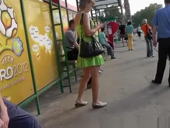 Blonde teen 18+ in short green dress upskirt