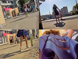 Alluring brunette shows off g-string in candid upskirts