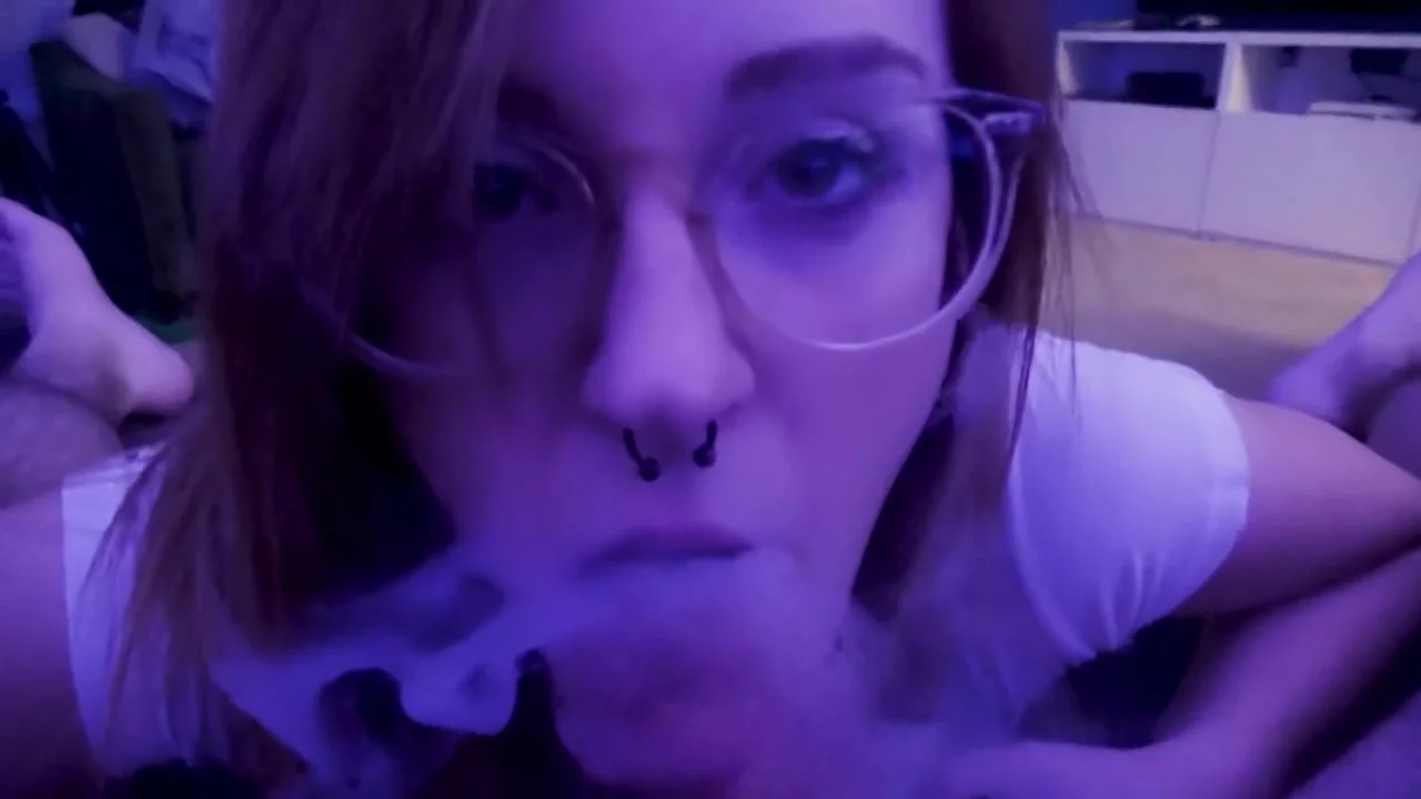 VAPE Blowjob slut eats cum off couch