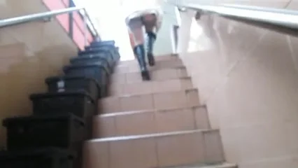 Flashing stockings tops going upstair