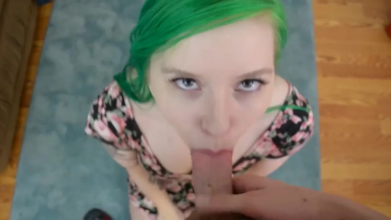 POV blow job and facial - green haired babe sucks your dick