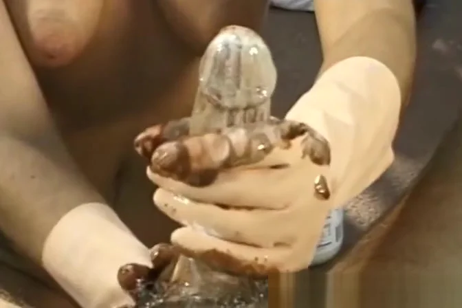 Messy Sloppy Handjob Using Yellow Gloves
