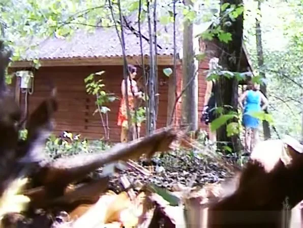Woman in blue dress pissing next to wood shelter