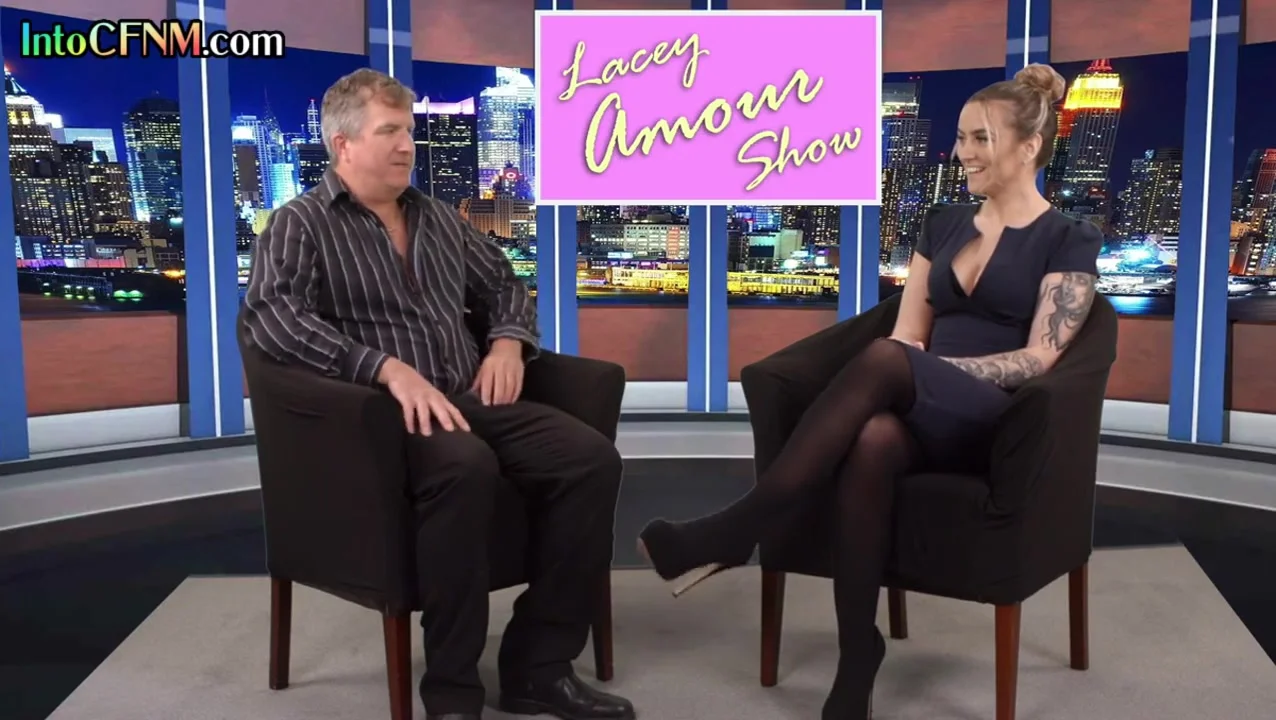 CFNM femdom TV host babe sucks and wanks guests cock