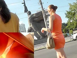 Candid upskirts featuring amateur MILF with panty pad