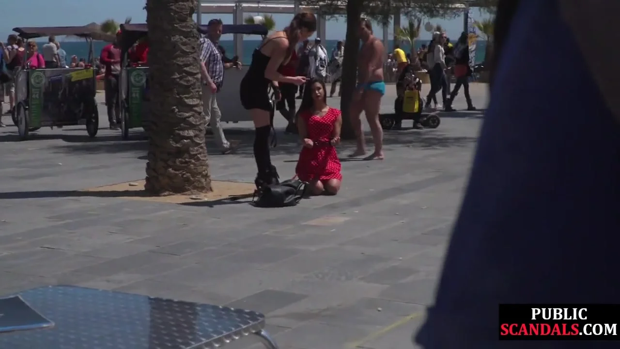 Busty sub babe naked outdoor in public on mistress command