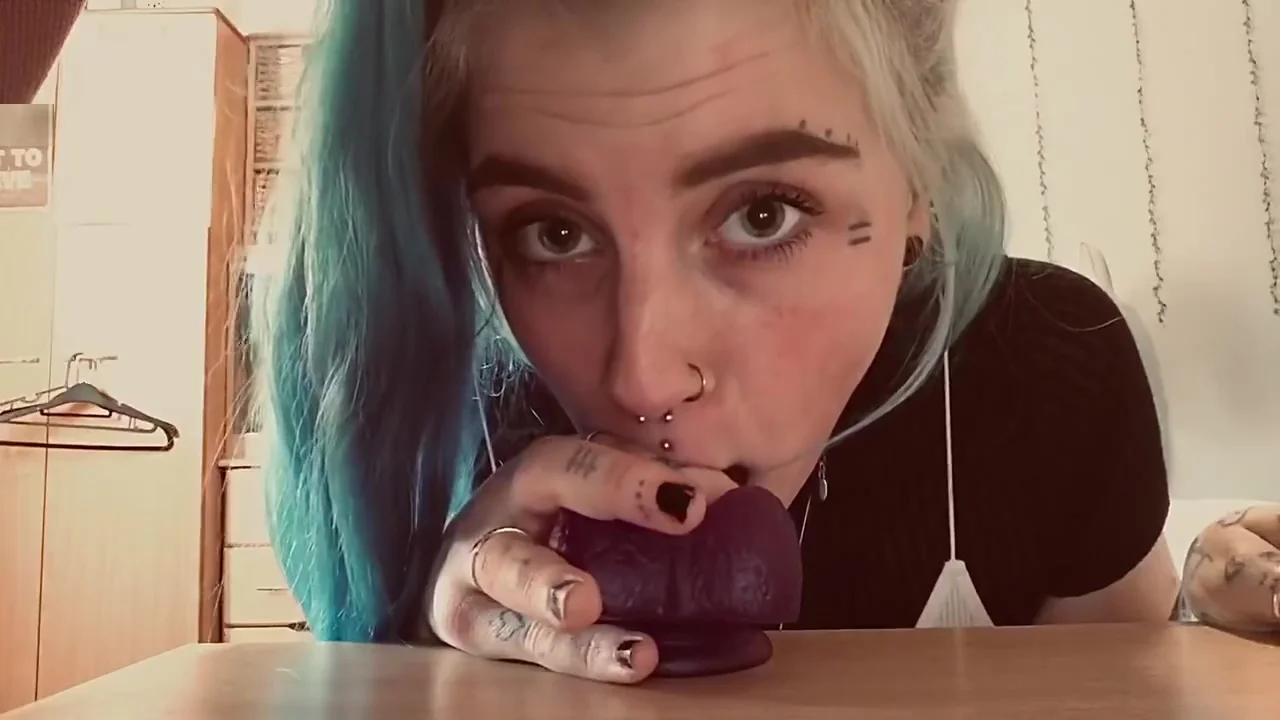 Blue haired teen 18+ taking it from behind by her dildo