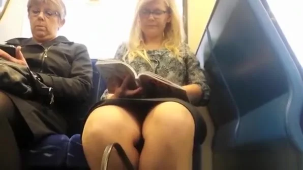 Woman reading a book in train upskirted