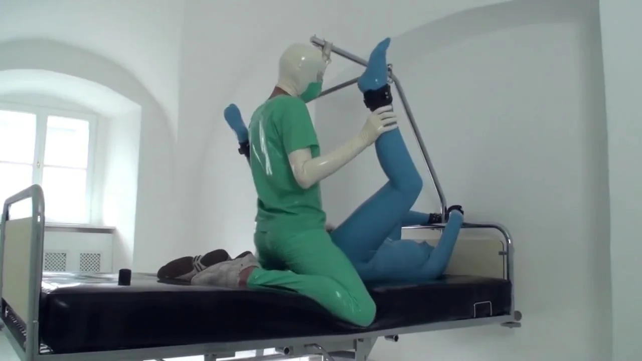 Sexy Girl Full Encased In Blue Latex Catsuit + Condom Mask And Hard Fucked