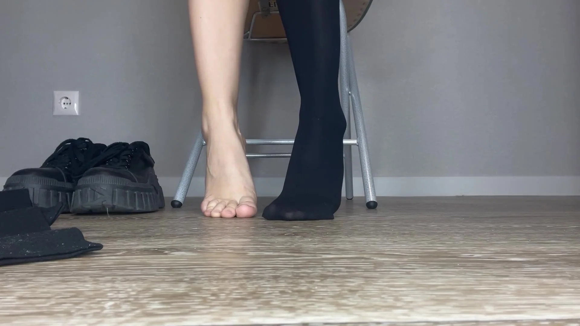 Just Look At Those Sexy Legs, They Look Just Perfect In Those Black Sneakers And Black Shoes