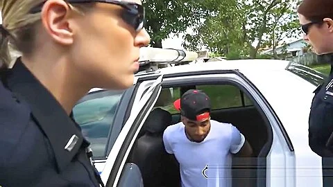 Skinny thug gets his cock sucked and ridden by perverted milf cops