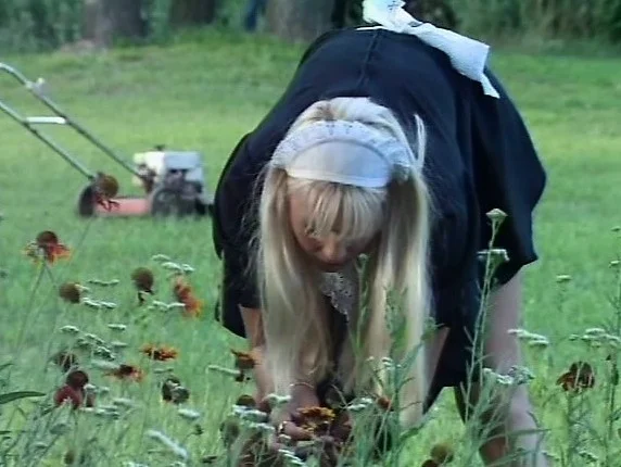 Stunning blonde maid with big tits sucks a cock and gets fucked hard in the outdoors