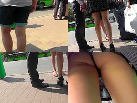 Upskirt g-string footage of a skinny ass brunette