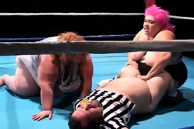 Fat wrestling bitches finish up and take it out on the poor midget referee
