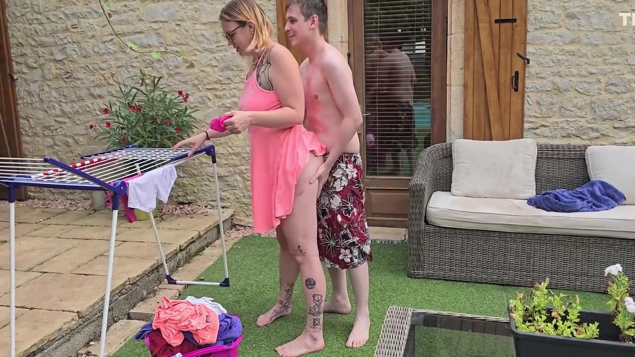 His Stepmother-in-law Hangs Out The Laundry, He Grabs It And Makes It Squirt