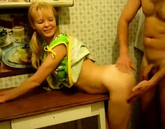 Blonde Girl's Kitchen Table Blowjob and Hardcore Fuck