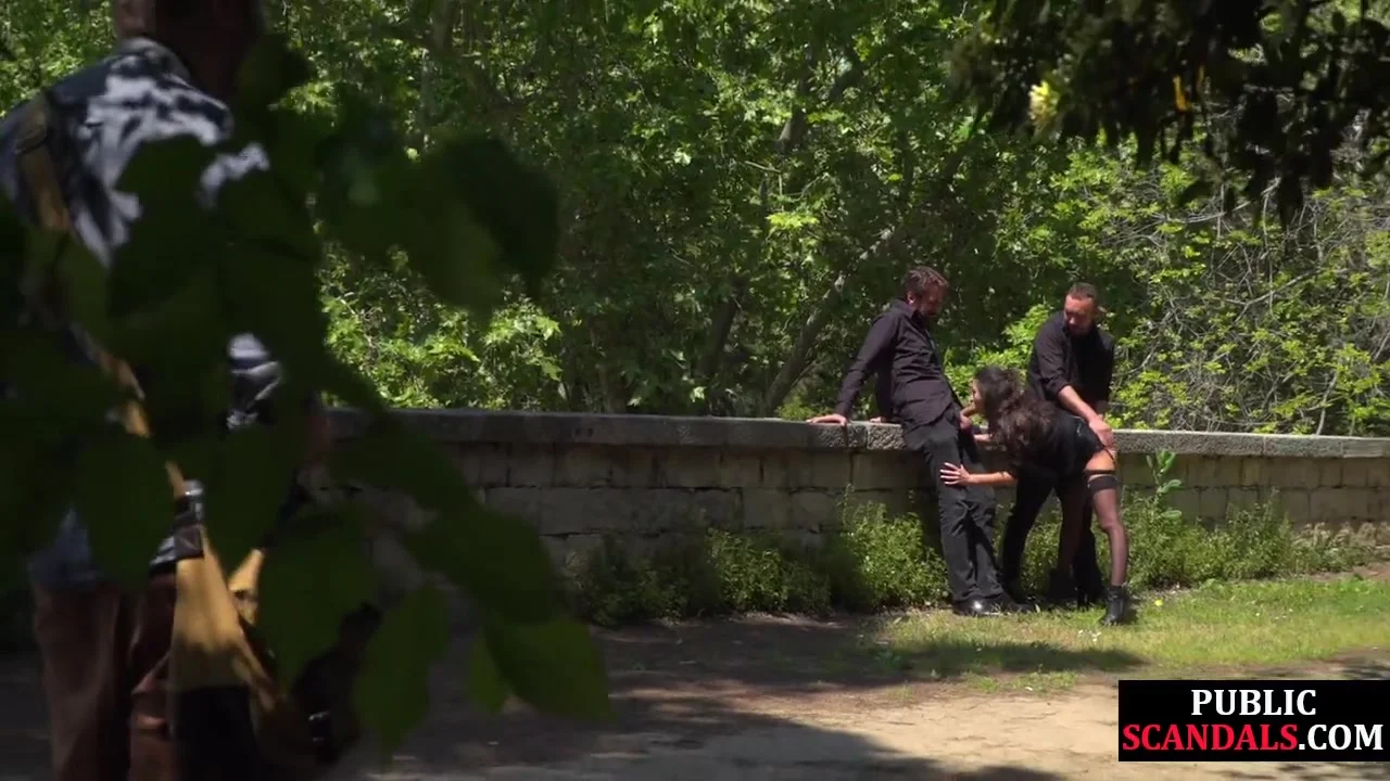 Disgraced shameless slut deepthroats in public 3some outdoor