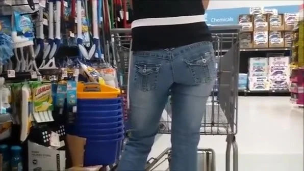Blonde woman in tight jeans pants