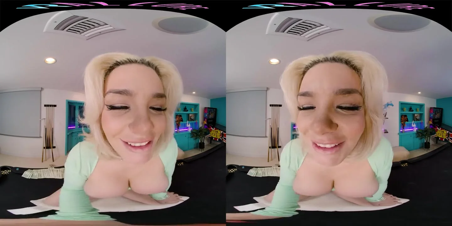 Seductive blonde with big boobs gives you a steamy show in VR