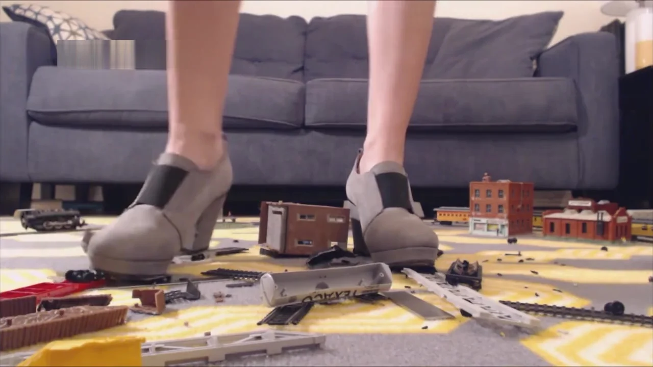 teen 18+ : Heels Crushing a Nerd Train Set