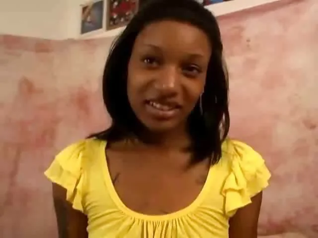Sweety young black girlfriend Juccy stripping yellow top and showing her tiny breasts