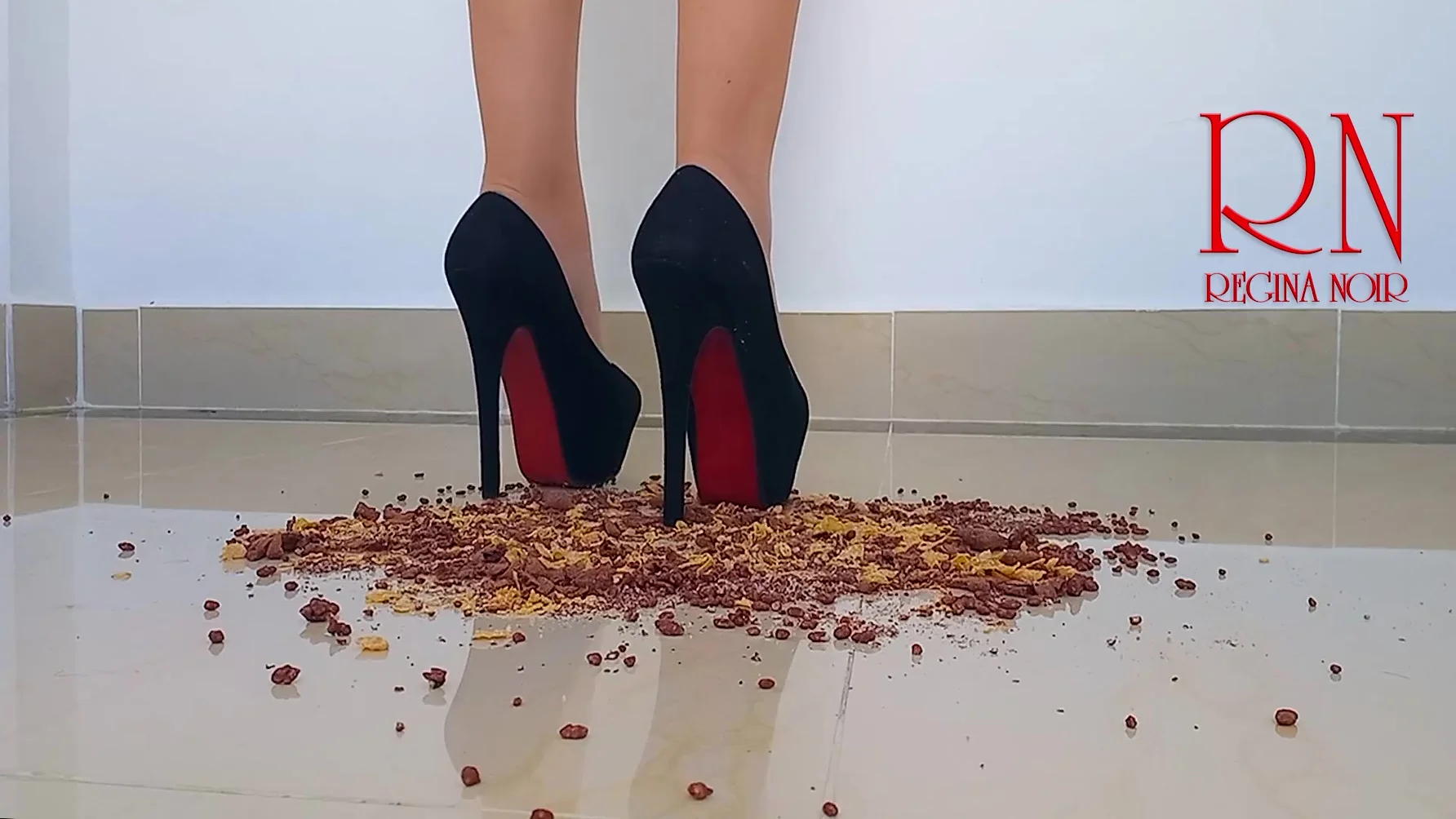 Cornfalkes Destroying With High Heels Boots On The Floor
