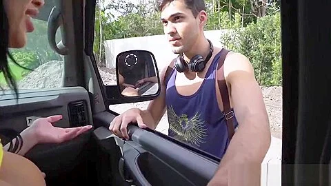 Busty hottie Victoria June devouring cock in the bang bus