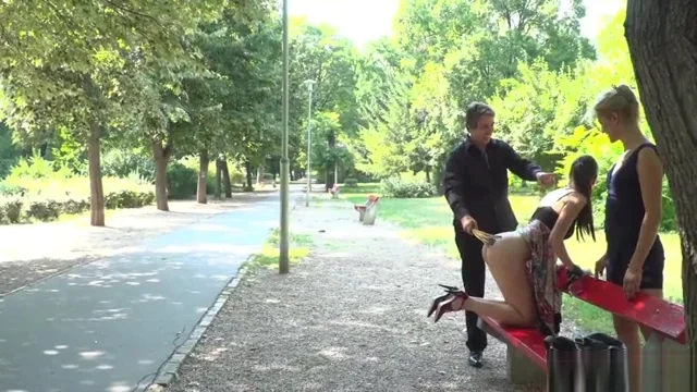 Bare ass babe caned in public bench
