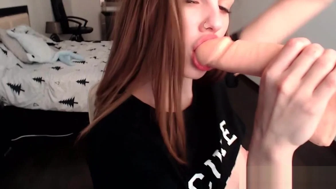 Petite skinny camgirl masturbating and sucking a dildo