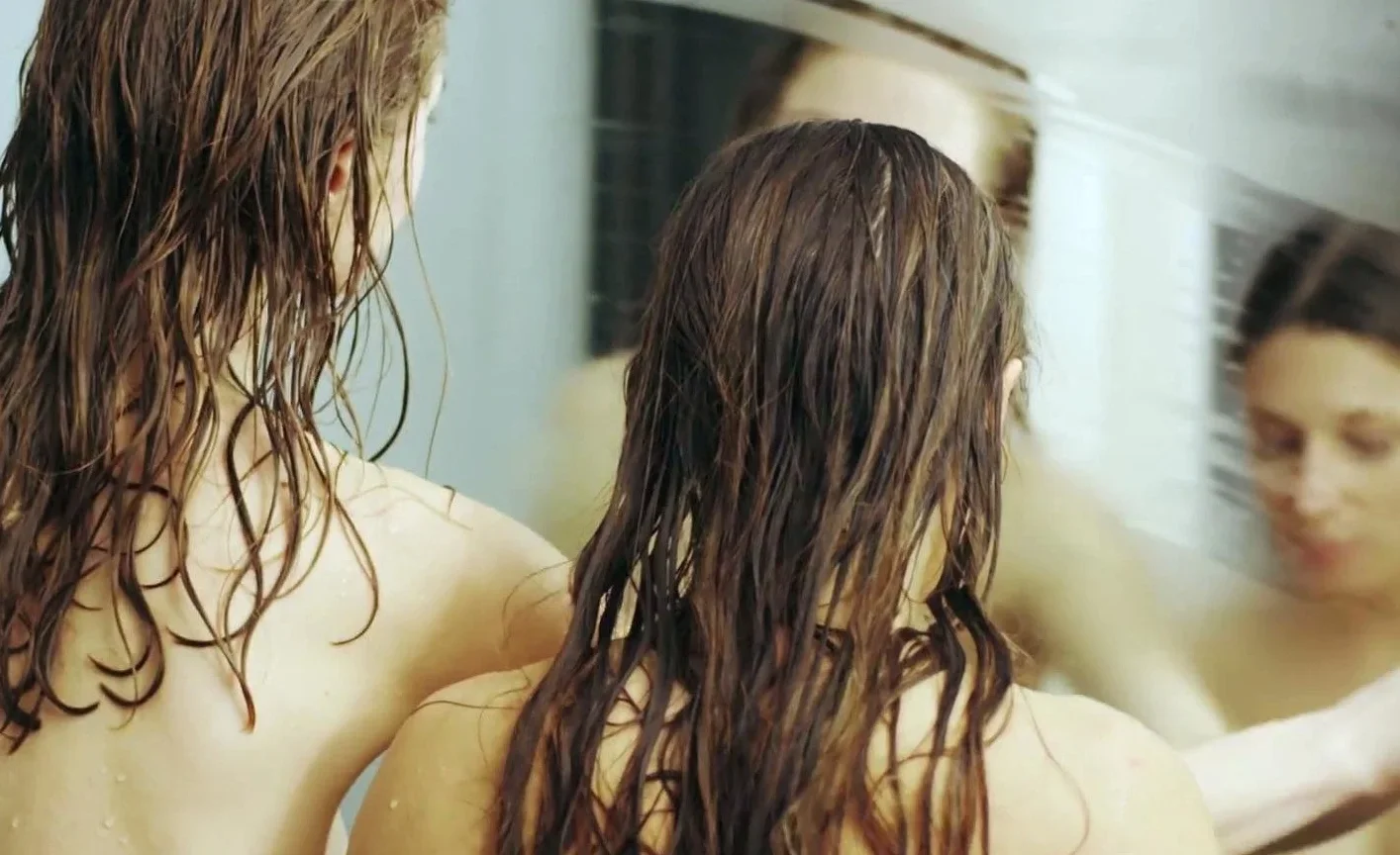 girls having fun on the bed and in shower