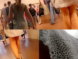 Amateur brunette shows off lingerie in candid upskirts