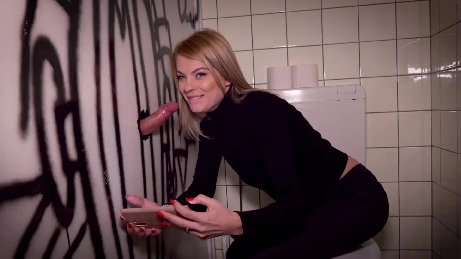 Hot Blonde Horny Wife Her First Glory Hole In A Public Toilet