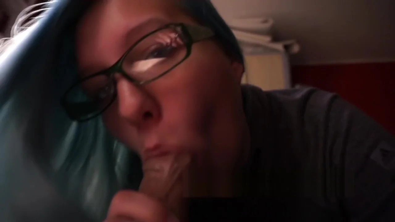 Blue Hair Girl With Glasses Sucks Dick Begging For Cum To Swallow
