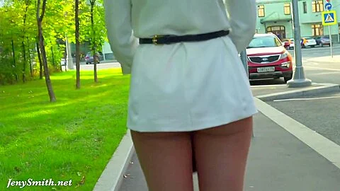 Independent Woman. Jeny Smith in pantyhose without panties in public