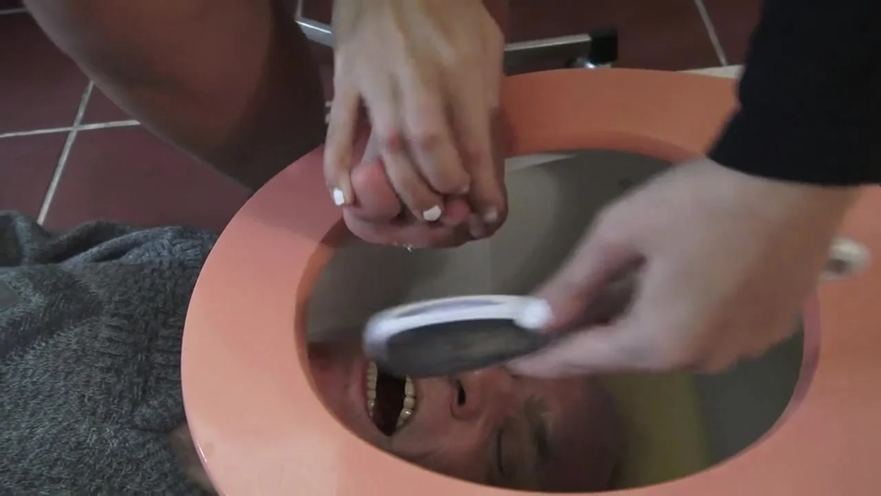 Toilet Trash for Pedicures and Spit - Madame Carla Degrades Her Old Slave as A Pedicure Slave and Spitton by Foot Girls