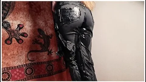 Topless Beauty Pisses Through Her Ruined Leather Trousers