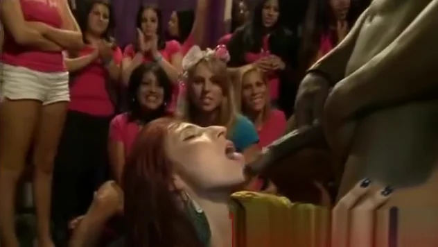 Cfnm with red hair giving a bj at party