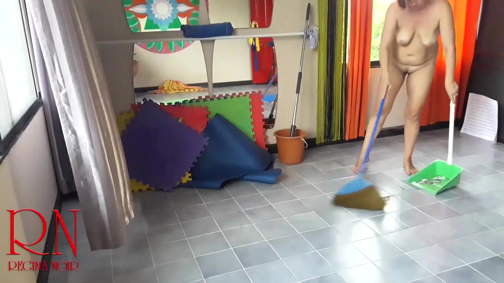 Nudist Maid Cleans The Yoga Room. A Naked Cleaner Cleans Mirrors Sweeps And Mops The Floor. S2