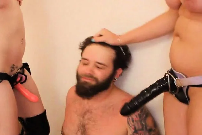 Kinky biker dude gets deeply double pegged by a blonde and a brunette