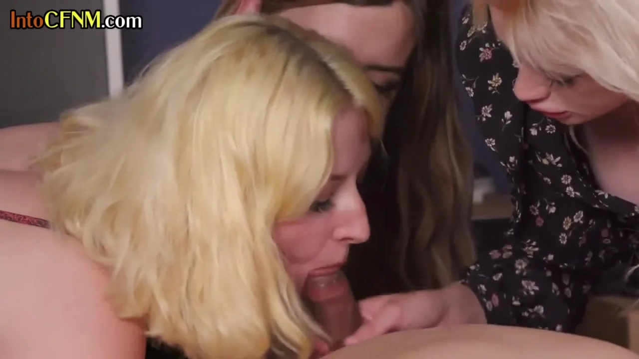 CFNM British chicks suck tied up man in group stockroom BJ
